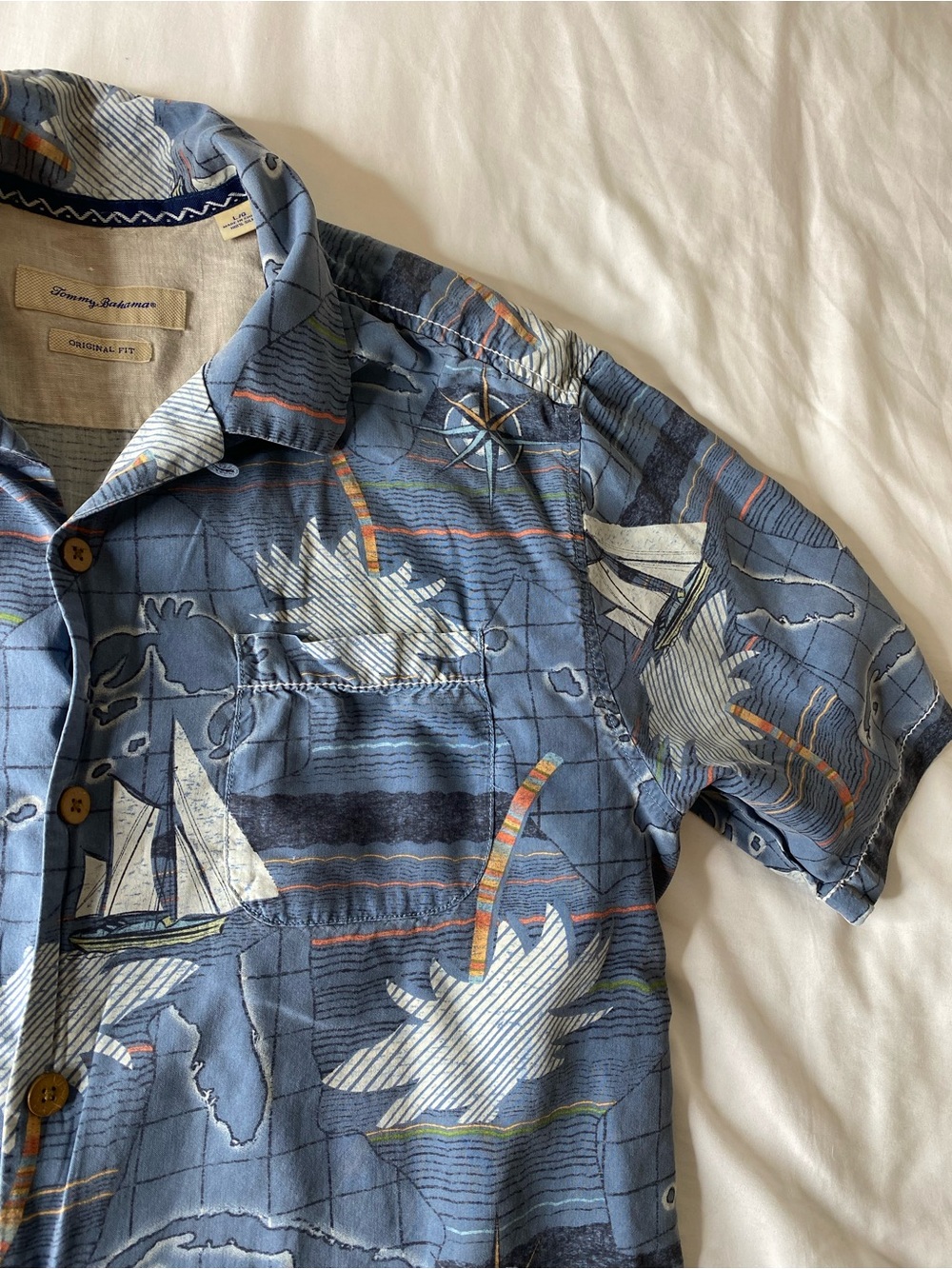 Tommy Bahama 100% Silk Hawaiian Button Up Shirt Men's Large Blue